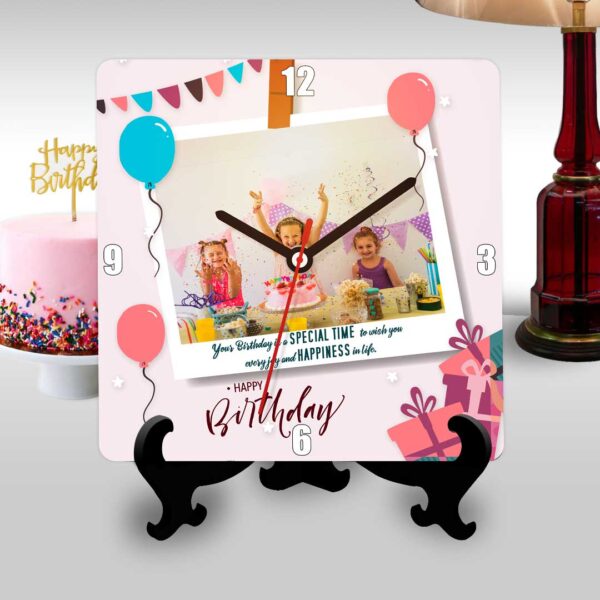 Happy birthday square clock with a polaroid themed photo