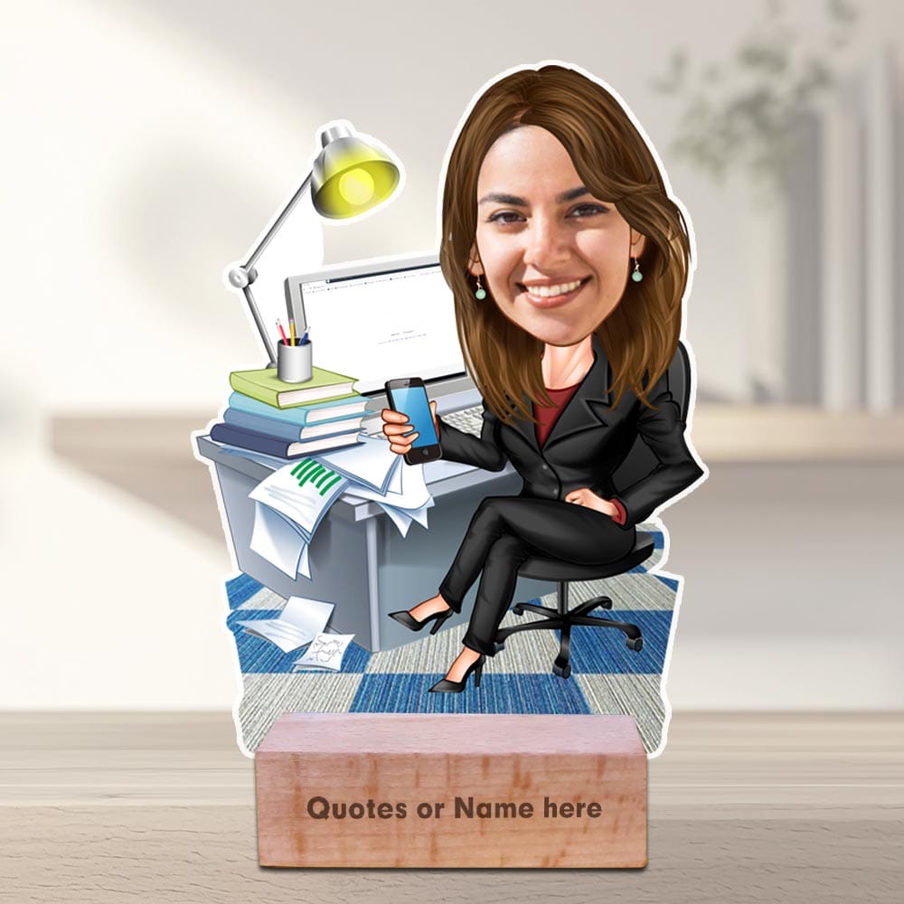 office-female-caricature Personalized Office Professional Caricature with Wooden Base