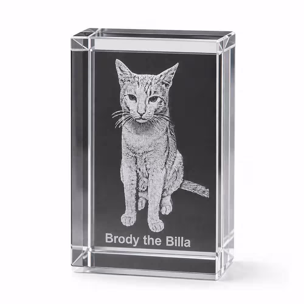 Personalized Pet Photo 3D Crystal Block Personalized 3D crystal block with a custom laser engraved pet photo inside premium optical crystal.